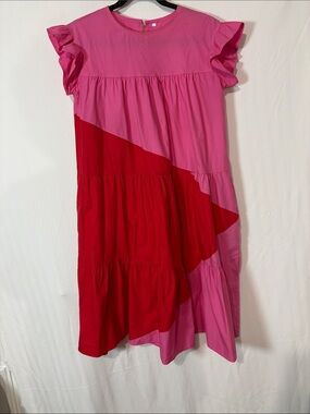 Women's Pink and Red Colorblock Midi Dress with Ruffle Sleeves